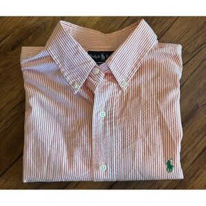 Polo Ralph Lauren Shirt Mens XL Orange White Classic Fit Button Up Seersucker